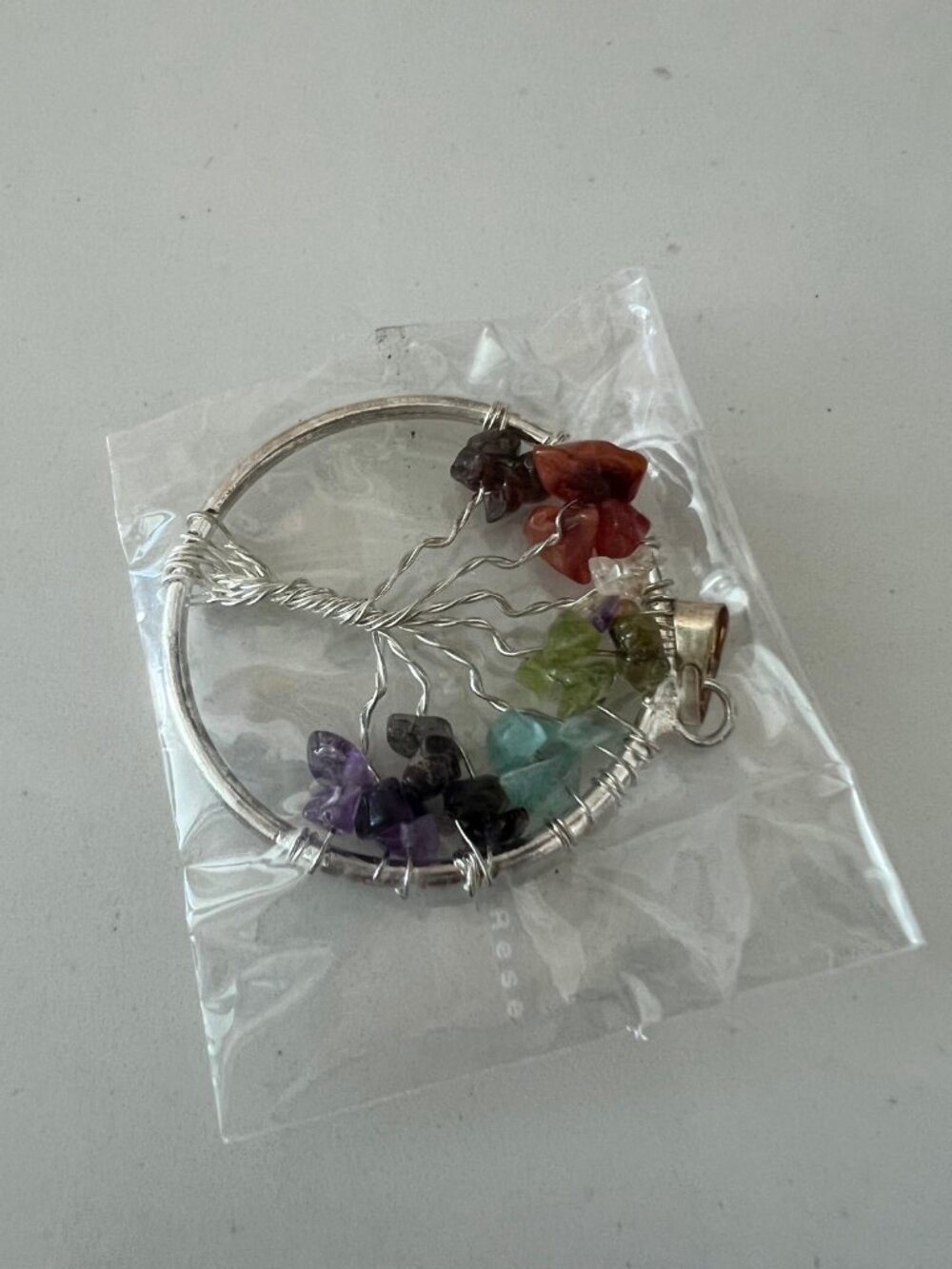 Tree of Life Chakra Pendant | Wire Wrapped Gemstone Chips | Silver Tone | New